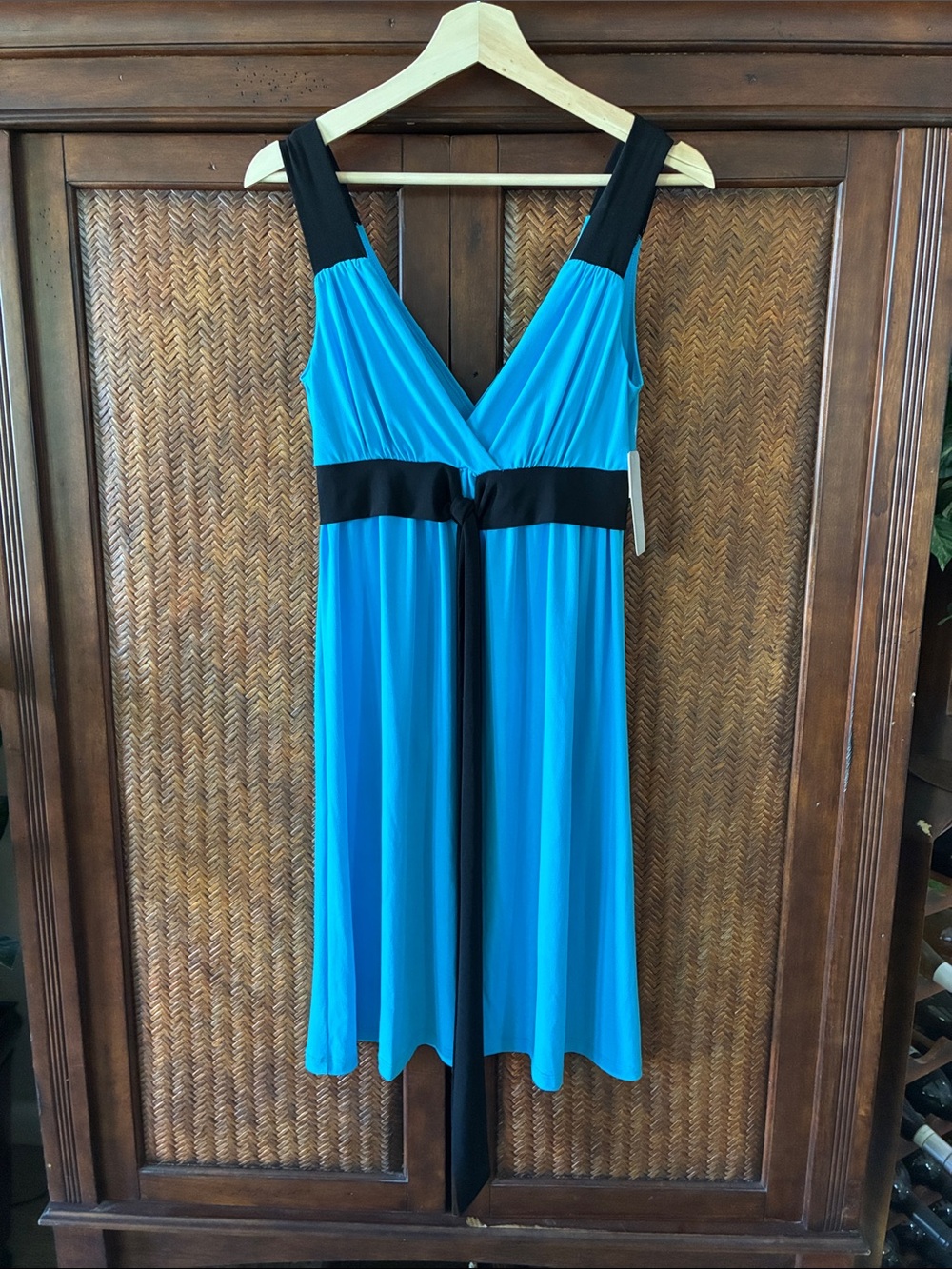 Rhapsody Turquoise and Black V-Neck Midi Dress